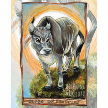 Load image into Gallery viewer, an art print of the queen of pentacles tarot card, from the animism tarot: a Tyrolese grey cow stands on a grassy hill covered with flowers.
