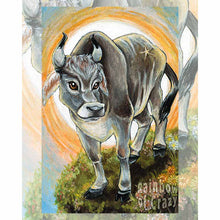 Load image into Gallery viewer, an art print of the queen of pentacles tarot card, from the animism tarot: a Tyrolese grey cow stands on a grassy hill covered with flowers.
