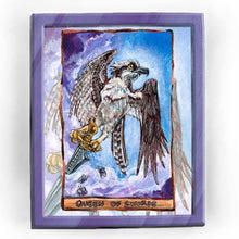 Load image into Gallery viewer, an art print of the queen of swords tarot card, from the animism tarot: an osprey stands on top of a sword, above the clouds, while tiny butterflies fly at her feet
