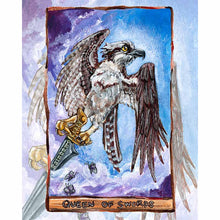 Load image into Gallery viewer, an art print of the queen of swords tarot card, from the animism tarot: an osprey stands on top of a sword, above the clouds, while tiny butterflies fly at her feet
