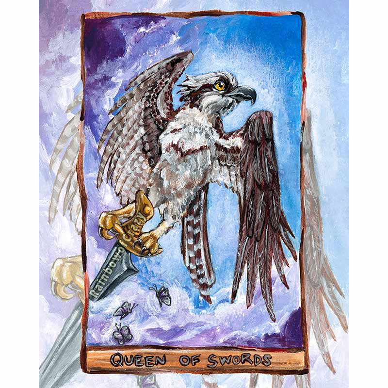 an art print of the queen of swords tarot card, from the animism tarot: an osprey stands on top of a sword, above the clouds, while tiny butterflies fly at her feet