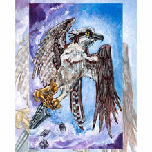 Load image into Gallery viewer, an art print of the queen of swords tarot card, from the animism tarot: an osprey stands on top of a sword, above the clouds, while tiny butterflies fly at her feet
