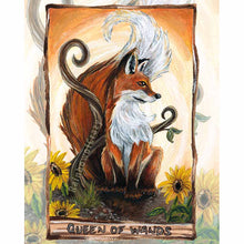Load image into Gallery viewer, the queen of wands, from the animism tarot, available as an art print: a red fox surrounded by sunflowers.
