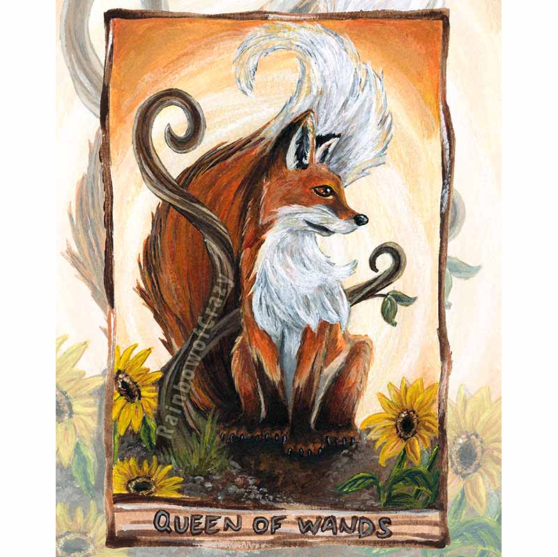 the queen of wands, from the animism tarot, available as an art print: a red fox surrounded by sunflowers.