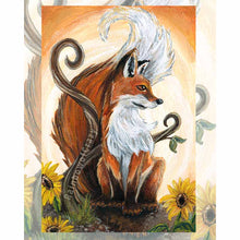Load image into Gallery viewer, the queen of wands, from the animism tarot, available as an art print: a red fox surrounded by sunflowers.
