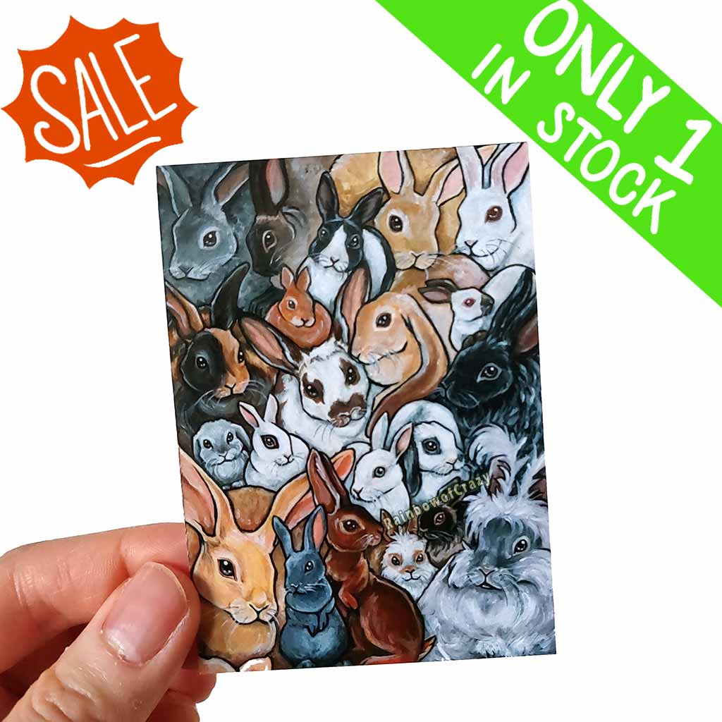 an aceo featuring an art collage of 21 different rabbit breeds