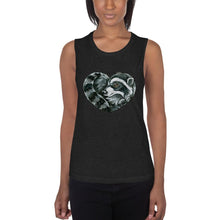 Load image into Gallery viewer, A woman is wearing the Raccoon Love Women&#39;s Muscle Tank Top, in the colour black heather, which is printed with a graphic of a raccoon forming the shape of a heart.
