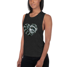 Load image into Gallery viewer, A woman is wearing the Raccoon Love Women&#39;s Muscle Tank Top, in the colour black heather, which is printed with an image of a raccoon forming the shape of a heart.
