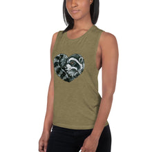 Load image into Gallery viewer, A woman is wearing the Raccoon Love Women&#39;s Muscle Tank Top, in the colour olive green, which is printed with an image of a raccoon forming the shape of a heart.
