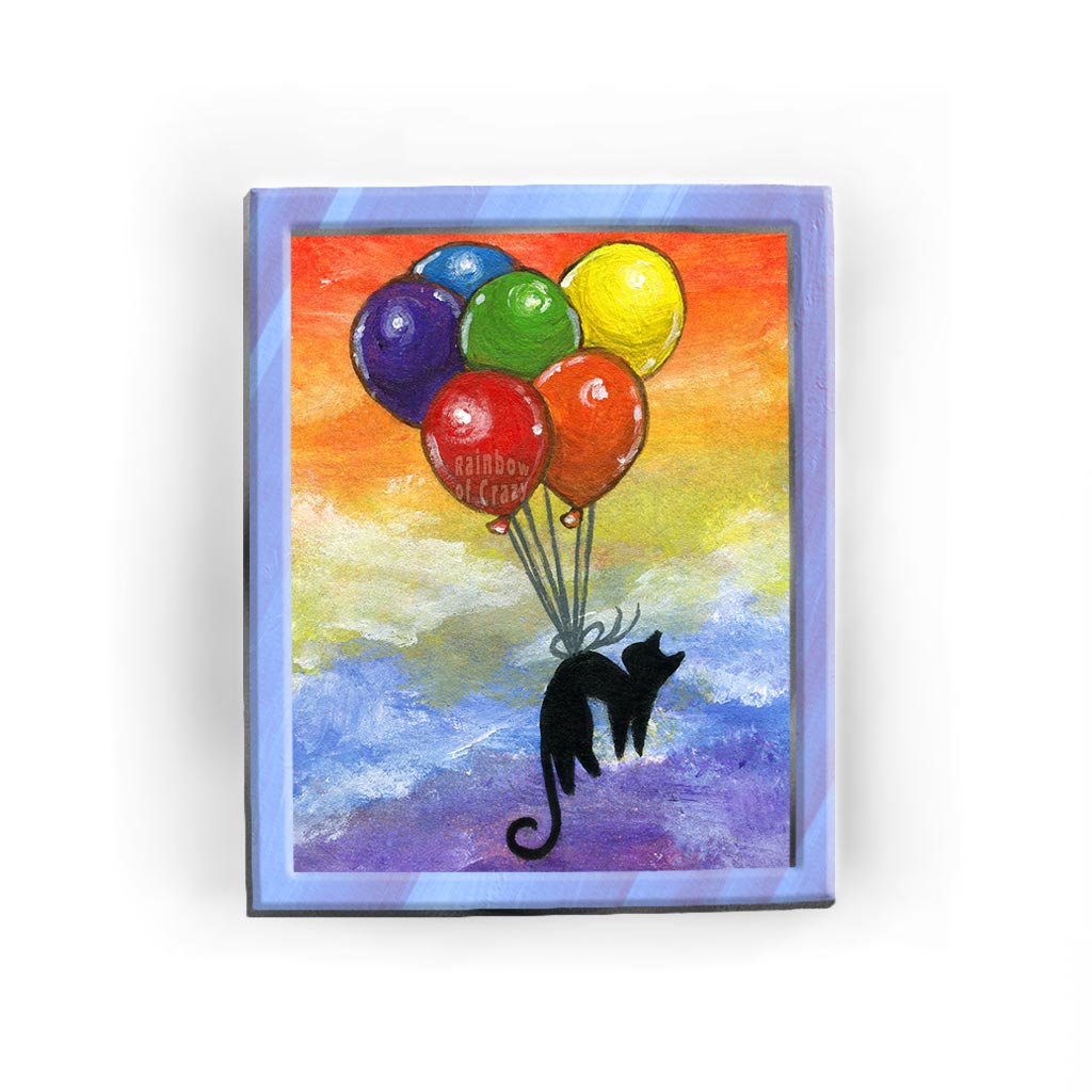 An art print featuring an illustration of a black cat, floating through rainbow coloured skies while tied to 6 balloons, each a separate colour of the rainbow