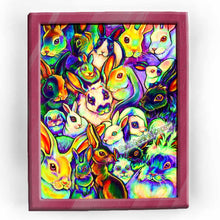 Load image into Gallery viewer, an art print featuring an illustration of 22 different rabbit breeds, painted in rainbow colours
