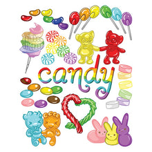 Load image into Gallery viewer, An art print with the word &quot;candy&quot;, includes 10 different rainbow candies.
