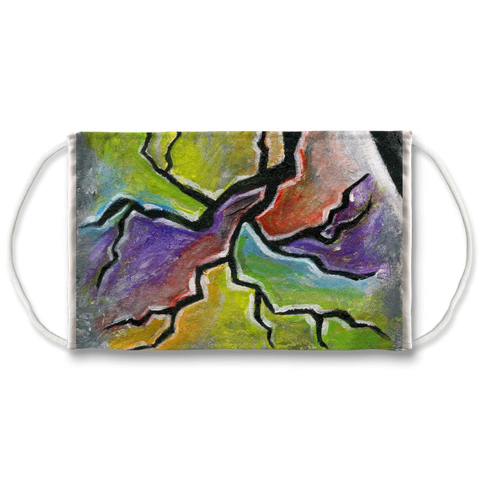 A reusable face mask features abstract art of a crack, bursting through rainbow colours