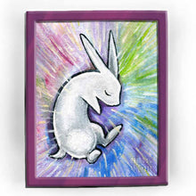 Load image into Gallery viewer, an art print featuring art of a sleeping white rabbit, surrounded by falling rain in pastel colours.
