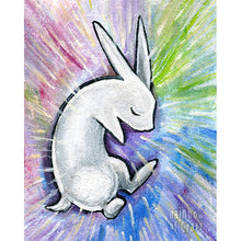 Load image into Gallery viewer, an art print featuring art of a sleeping white rabbit, surrounded by falling rain in pastel colours. 
