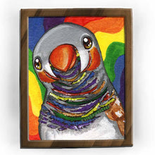 Load image into Gallery viewer, an art print featuring an illustration of a zebra finch, painted with rainbow colours
