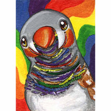 Load image into Gallery viewer, an art print featuring an illustration of a zebra finch, painted with rainbow colours
