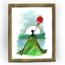 Load image into Gallery viewer, an art print, featuring an illustration of a black cat, with a red balloon, sitting on a tall hill in front of a landscape of hills, water, and the sun
