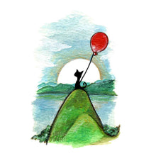 Load image into Gallery viewer, an art print, featuring an illustration of a black cat, with a red balloon, sitting on a tall hill in front of a landscape of hills, water, and the sun
