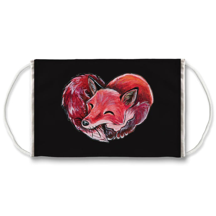 A black face mask with art of a fox, sleeping in the shape of a heart