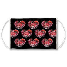 Load image into Gallery viewer, A reusable face mask, patterned with art of a red fox sleeping in the shape of a heart.
