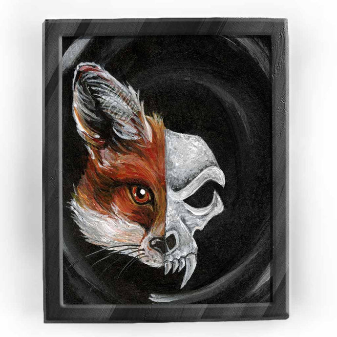 An art print split in half: the left side shows one side of a red fox's face, and the right side shows a stylized evil looking fox skull