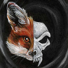 Load image into Gallery viewer, An art print split in half: the left side shows one side of a red fox&#39;s face, and the right side shows a stylized evil looking fox skull
