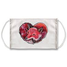 Load image into Gallery viewer, A reuseable white face mask, printed with art of a red fox sleeping, in a shape of a heart.
