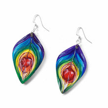 Load image into Gallery viewer, large, leaf shaped, wood fish hook earrings, hand painted with peacock feathers in rainbow colours
