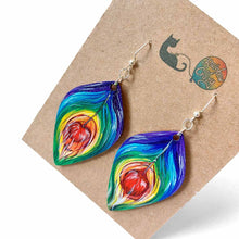 Load image into Gallery viewer, large, leaf shaped, wood fish hook earrings, hand painted with peacock feathers in rainbow colours
