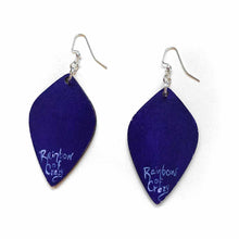 Load image into Gallery viewer, leaf shaped, wood fish hook earrings, painted purple on the back, signed with, Rainbow of Crazy
