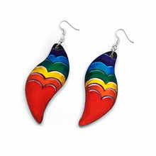 Load image into Gallery viewer, large, long, leaf shaped, wood fish hook earrings, hand painted with a red heart in front and hearts in rainbow colours rising above
