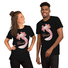 Load image into Gallery viewer, A woman and man are both wearing the Relax Axolotl Unisex Premium T-Shirt in the colour black heather, which includes a print of a smiling pink axolotl, and the words, &quot;Time to.. Relaxalotl&quot;
