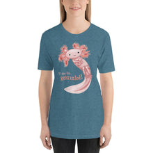 Load image into Gallery viewer, A woman is wearing the Relax Axolotl Unisex Premium T-Shirt in the colour heather deep teal, which includes a graphic of a smiling pink axolotl, and the words, &quot;Time to.. Relaxalotl&quot;
