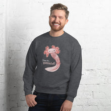 Load image into Gallery viewer, A man is wearing a unisex sweatshirt in the colour dark heather grey, featuring art of a pink axolotl, and reads, &quot;Time to... Relaxolotl&quot;
