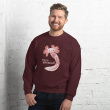 Load image into Gallery viewer, A man is wearing a unisex sweatshirt in the colour maroon red, featuring artwork of a pink axolotl, and reads, &quot;Time to... Relaxolotl&quot;
