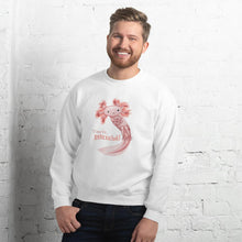 Load image into Gallery viewer, A man is wearing a unisex sweatshirt in the colour white, featuring an illustration of a pink axolotl, and reads, &quot;Time to... Relaxolotl&quot;

