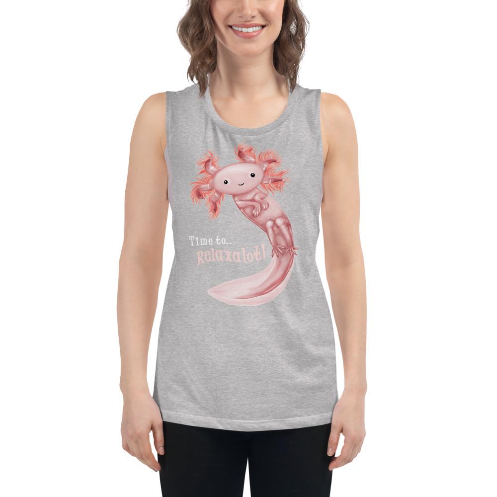 A woman wears a women's muscle tank top in the colour athletic heather grey, printed with artwork of an axolotl, with the words 