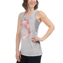 Load image into Gallery viewer, A woman wears a women&#39;s muscle tank top in the colour athletic heather grey, printed with artwork of an axolotl, with the words &quot;Time to.. Relaxalotl&quot;
