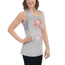 Load image into Gallery viewer, A woman wears a women&#39;s muscle tank top in the colour athletic heather grey, printed with artwork of an axolotl, with the words &quot;Time to.. Relaxalotl&quot;
