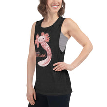 Load image into Gallery viewer, A woman wears a women&#39;s muscle tank top in the colour black, printed with an illustration of an axolotl, with the words &quot;Time to.. Relaxalotl&quot;

