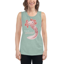 Load image into Gallery viewer, A woman wears a women&#39;s muscle tank top in the colour dusty blue, printed with art of an axolotl, with the words &quot;Time to.. Relaxalotl&quot;
