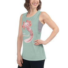 Load image into Gallery viewer, A woman wears a women&#39;s muscle tank top in the colour dusty blue, printed with art of an axolotl, with the words &quot;Time to.. Relaxalotl&quot;

