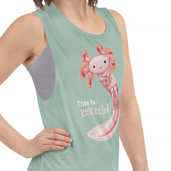 A woman wears a women's muscle tank top in the colour dusty blue, printed with art of an axolotl, with the words 