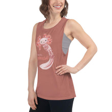 Load image into Gallery viewer, A woman wears a women&#39;s muscle tank top in the colour mauve, printed with digital art of an axolotl, with the words &quot;Time to.. Relaxalotl&quot;
