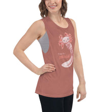 Load image into Gallery viewer, A woman wears a women&#39;s muscle tank top in the colour mauve, printed with digital art of an axolotl, with the words &quot;Time to.. Relaxalotl&quot;
