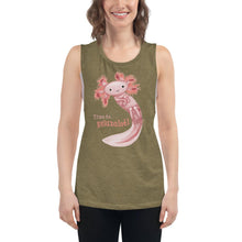 Load image into Gallery viewer, A woman wears a women&#39;s muscle tank top in the colour olive green, printed with a digital painting of an axolotl, with the words &quot;Time to.. Relaxalotl&quot;
