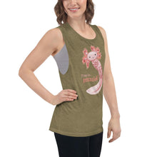 Load image into Gallery viewer, A woman wears a women&#39;s muscle tank top in the colour olive green, printed with a digital painting of an axolotl, with the words &quot;Time to.. Relaxalotl&quot;
