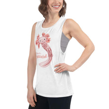 Load image into Gallery viewer, A woman wears a women&#39;s muscle tank top in the colour white, printed with art of an axolotl, with the words &quot;Time to.. Relaxalotl&quot;
