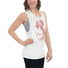 Load image into Gallery viewer, A woman wears a women&#39;s muscle tank top in the colour white, printed with art of an axolotl, with the words &quot;Time to.. Relaxalotl&quot;
